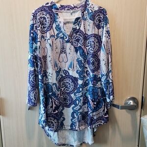 NLife Split V-Neck Blue & Purple Boho Floral High/Low Tab Sleeve Tunic Size XL